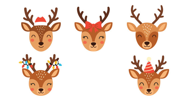 Set of five adorable reindeer heads decorated with festive holiday accessories like santa hats, bows, and colorful lights.