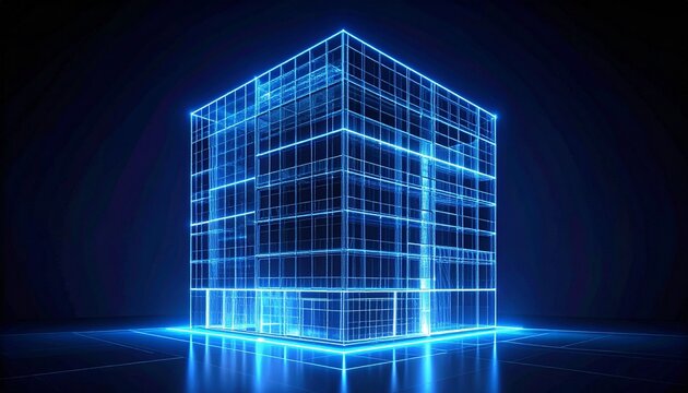 Flat vector illustration of a glowing wireframe building in neon blue, futuristic architecture concept representing digital construction, smart city technology, and modern infrastructure.