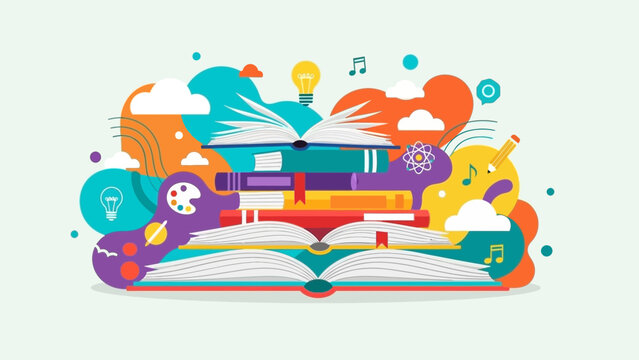 Vibrant illustration of books and learning symbols in bright colors