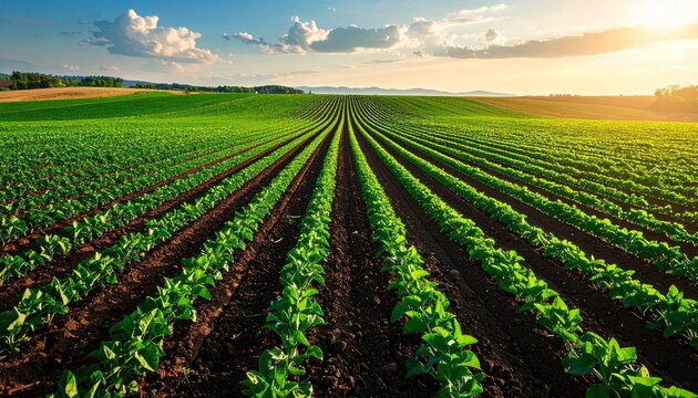 Flat vector illustration of green agricultural fields with long crop rows under a bright sky, rural farming landscape symbolizing growth, sustainability, food production, and nature.