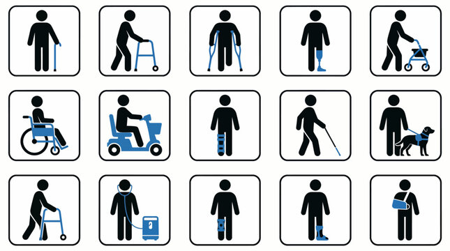 Mobility Aid & Accessibility Icon Set &ndash; 16 Black-and-Blue Figures Featuring Assistive Devices for Disability Awareness, Healthcare, and Inclusive Design Use
