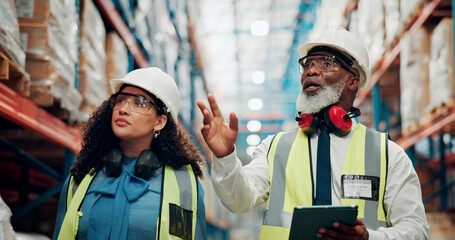 Tablet, planning and logistics employees in warehouse with information for online order with shipping. People, digital technology and supply chain managers with confirmation for quality control.