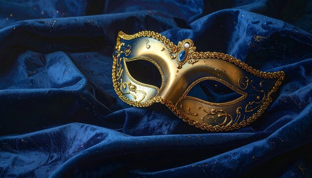Flat vector illustration of an ornate golden masquerade mask resting on deep blue fabric, luxury and mystery concept symbolizing elegance, secrecy, celebration, and artistic drama.
