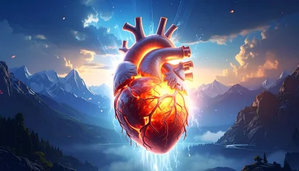 Sierkussen Meisjeskamer Flat vector illustration of a glowing sacred heart radiating light in a mountain landscape at sunrise, spiritual and symbolic scene representing love, energy, healing, and inner power.  © Aura