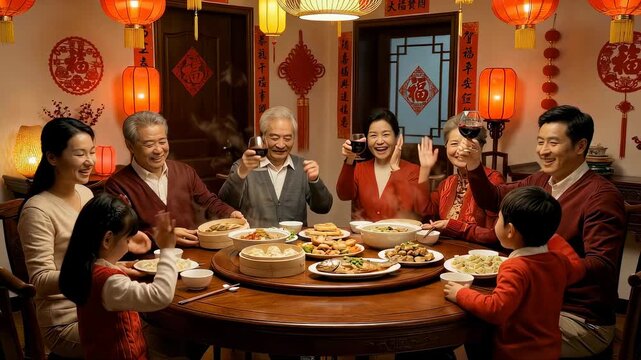 Happy asian family gathers around table for Chinese new year dinner with traditional dishes and lanterns as they toast.