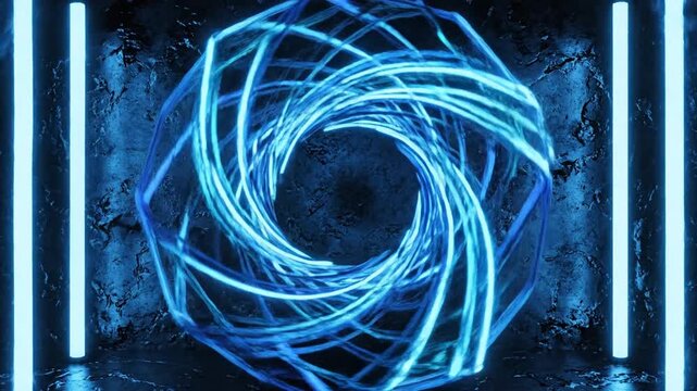 Neon blue spiral vortex with glowing rings forming a hypnotic tunnel of electric light weaving glow