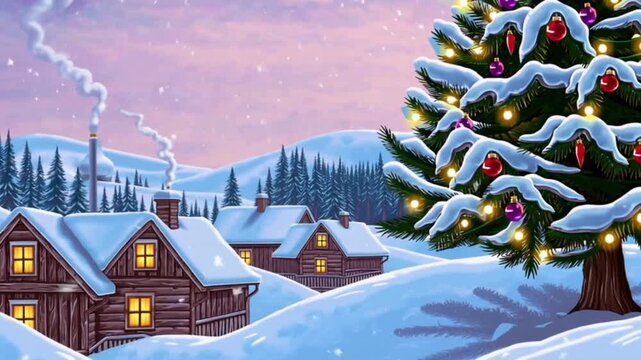 Winter in retro style christmas background with christmas tree inspired winter landscape illustration
