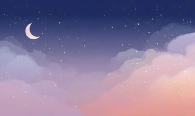 cute cartoon night sky, tiny twinkling stars with simple rounded shapes, dark blue to violet to soft pink gradient sky