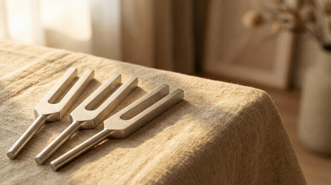 Three metal tuning forks on a linen tablecloth in warm sunlight