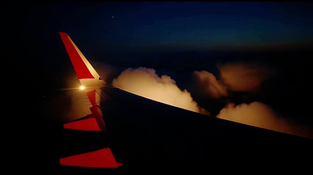 Airplane Wing with Navigation Light Flying Above Clouds at Dusk, City Lights Below - Aerial View of Night Journey