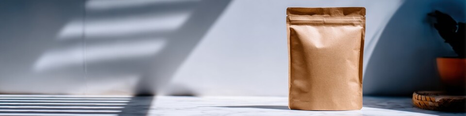 Obraz premium Blank Kraft Paper Pouch Mockup standing on a marble counter in a bright modern kitchen with shadows, perfect for organic tea or coffee brand packaging template with copy space