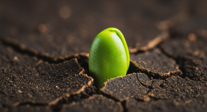 Vibrant green seedling sprout breaking through cracked, dark soil, symbolizing new life, growth, ecology, beginning, and environmental resilience macro shot