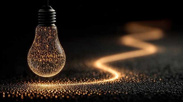 Stunning glowing lightbulb sparks imagination, symbolizing innovation and bright ideas illuminating a dark path forward with magical golden light
