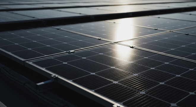 Close-up of Photovoltaic Solar Panels Reflecting Bright Sunlight. Detailed View of Sustainable Clean Energy Technology, Renewable Power Generation, and Green Infrastructure.