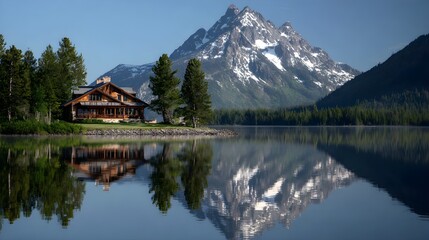 Fototapeta premium Serene morning view of a rustic wooden lake house nestled near evergreen trees with a dramatic snow capped mountain reflecting perfectly upon the still water surface