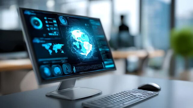 Modern computer monitor showing global data analytics in sleek office