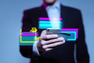 Businessman using smartphone for digital wallet payment with credit card in neon virtual interface, fintech mobile banking transaction and secure blockchain technology