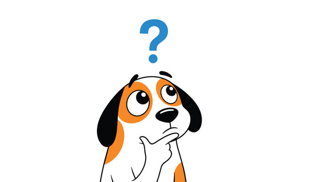 Cute brown and white dog looking up thoughtfully at a blue question mark appearing over its head against a white background.
