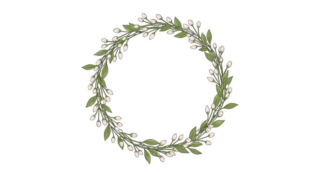 Delicate circular wreath made of green leaves and small white flower buds on a white background for wedding or spring floral decorations.