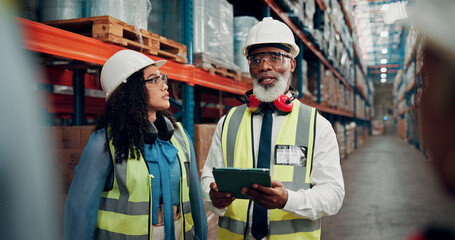 Tablet, people and logistics employees in warehouse with information for online order with shipping. Discussion, digital technology and supply chain managers with confirmation for quality control.