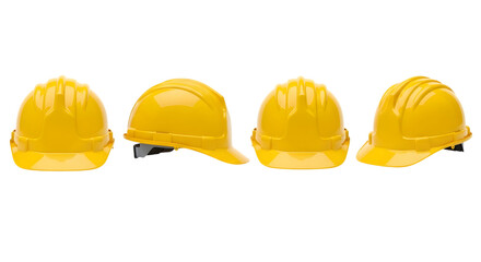 Set of Yellow Construction Safety Helmets Isolated on White Background. Industrial Hard Hat Collection 3D Render.