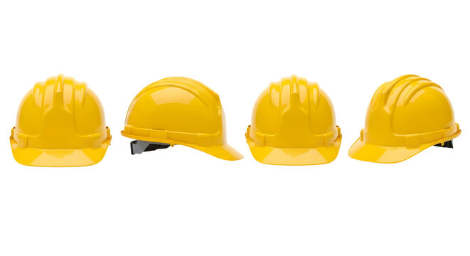 Set of Yellow Construction Safety Helmets Isolated on White Background. Industrial Hard Hat Collection 3D Render.