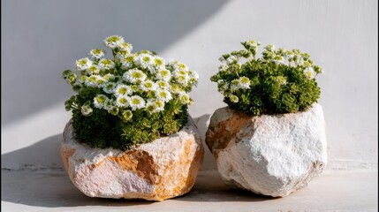 Blooming flowers in round stone planters as garden landscape elements for architecture and exterior design, featuring natural daylight and white background with copy space