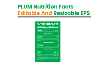 Nutrition facts templates for plum products displayed in green colored layouts on a clean interface