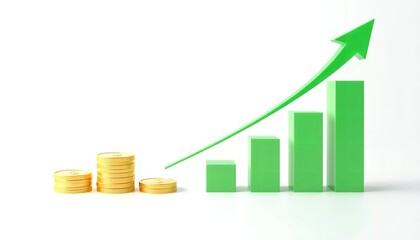 A green bar graph with a rising arrow and gold coins on a white background