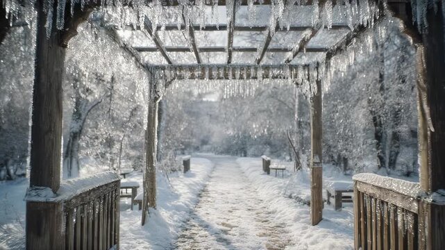 Serene Winter Wonderland: Snow-Covered Path and Wooden Pergola with Icicles