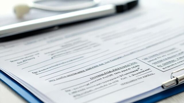 selective focus clipboard and pen nearby for medical or diagnostic context