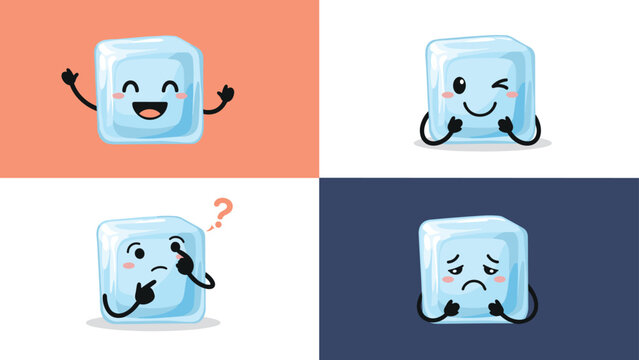 Set of four ice cube characters on colorful backgrounds displaying varied emotions like joy, curiosity, sadness, and playfulness.