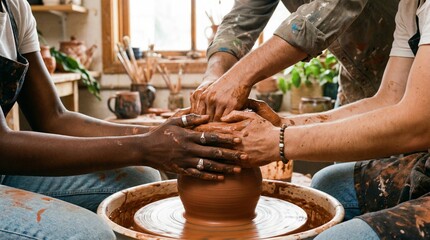 Diverse Hands Working Together on a Pottery Wheel, Shaping a Clay Vessel in an Art Studio Workshop - Concept of Teamwork, Creativity, and Craftsmanship