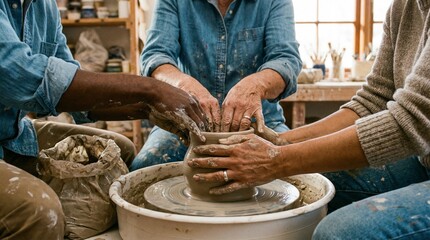Diverse hands of multi-ethnic people collaborating on a pottery wheel to shape wet clay in a creative studio, focusing on teamwork, craftsmanship, and artistic expression.
