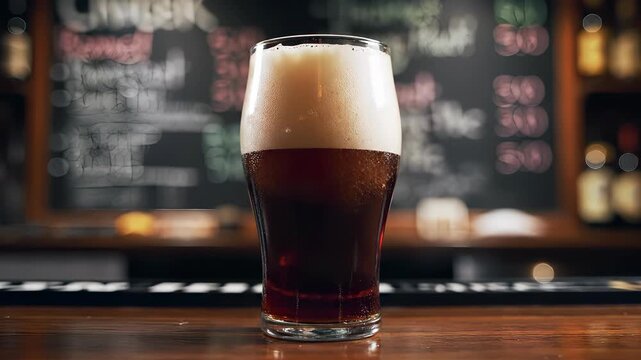Delicious Beer in a Glass on a Bar with Blurred Background.