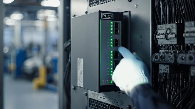Troubleshooting Industrial Control Panel with Lights and Glove Hand Interaction Scene