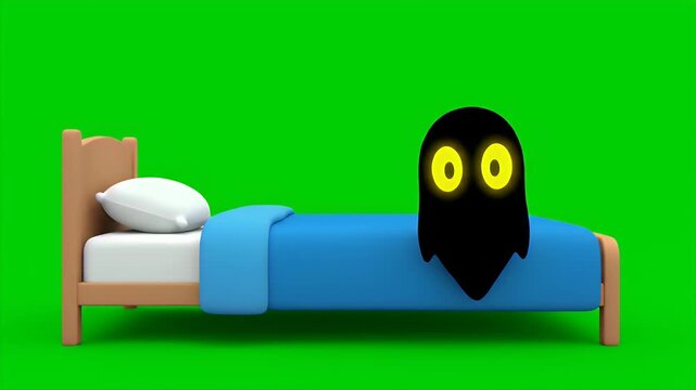 3D Render Bed With Blue Blanket Pillow And A Black Ghost Character Isolated On Green Screen Perfect For Spooky