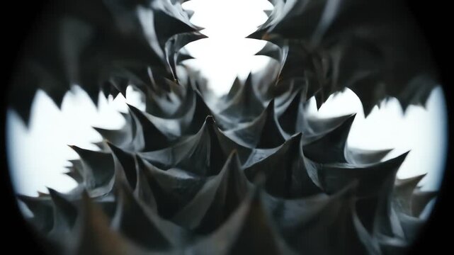 Dramatic, dark gray spiky structures form a converging, symmetrical pattern in an extreme macro close-up shot against a bright white background.