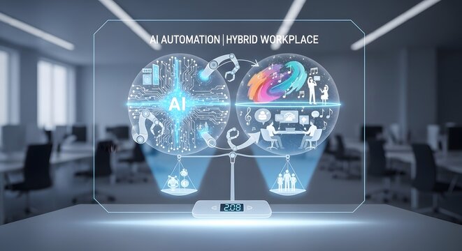 AI automation transforming hybrid workplace with futuristic technology