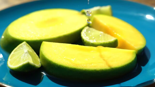 Vibrant close-up food photography captures juicy yellow mango slices and fresh lime wedges being drizzled with liquid on a bright electric blue plate.