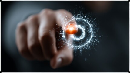 Confident hand activates futuristic digital interface, symbolizing innovation and advanced technology, perfect for tech concepts.