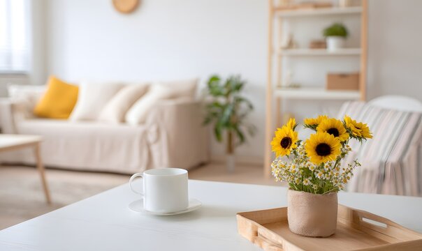 In a bright and cozy room, there is a white table with a cup on it, a storage rack and beige sofa in the background, and a flower pot next to the cabinet with a bouquet of small sunflowers.