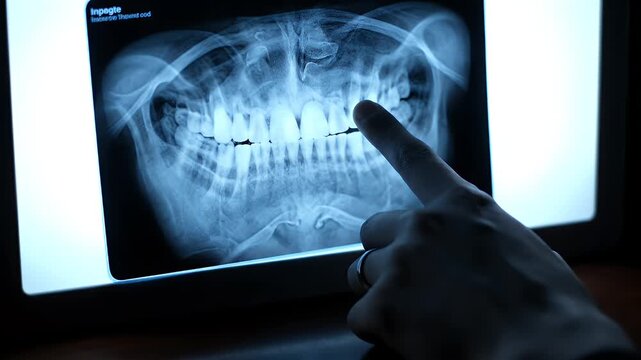 Analyzing Panoramic Dental X-Ray on Screen Close-Up of Hand with Ring Pointing at Teeth and Jaw Bone for Medical