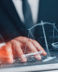 Businessman using laptop with holographic law scale icon for corporate governance, legal regulation compliance and digital justice technology concepts in office