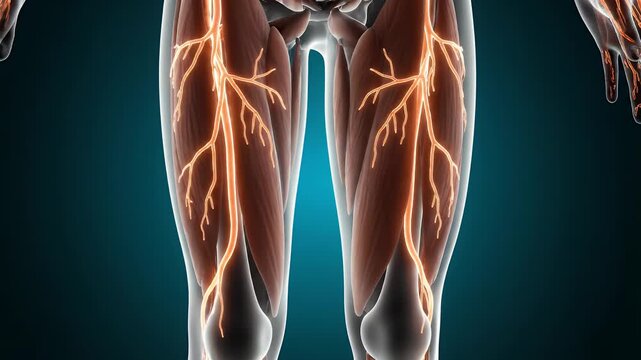 Anatomical Animation of Human Leg Muscles and Nerves in High Detail on Dark Blue Background Educational Medical and