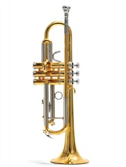 Fototapeta premium Golden Brass Trumpet Musical Instrument With Silver Valves On White Background Studio Shot