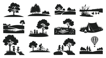 Obraz premium Collection of black silhouette icons representing outdoor activities and nature