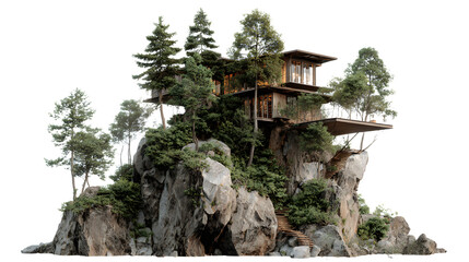 Architecturally striking modern treehouse cabin seamlessly integrated into a dense forested cliff face featuring wooden stairs and expansive balconies perched high above the landscape.