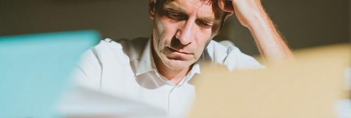 Stressed Businessman Reviewing Financial Documents at an Office Desk, Professional Man Analyzing Interest Rates and Tax Returns for Economic Success in Soft Morning Light