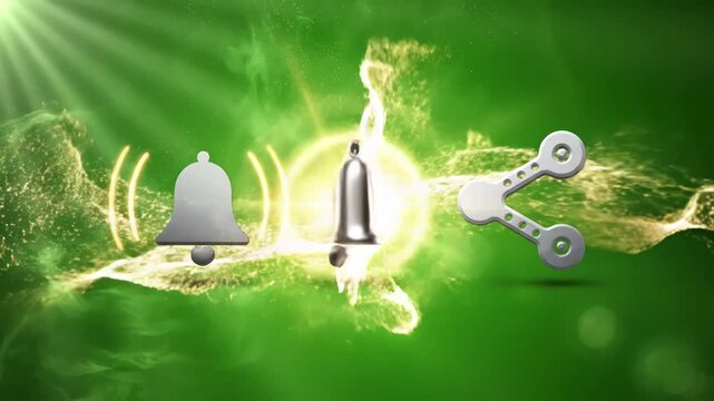 Green Screen call to action icons like subscribe notification bell share on background scene 1 with distortion, overlay, glitch, static noise, scan lines black background, 4k animated video loop